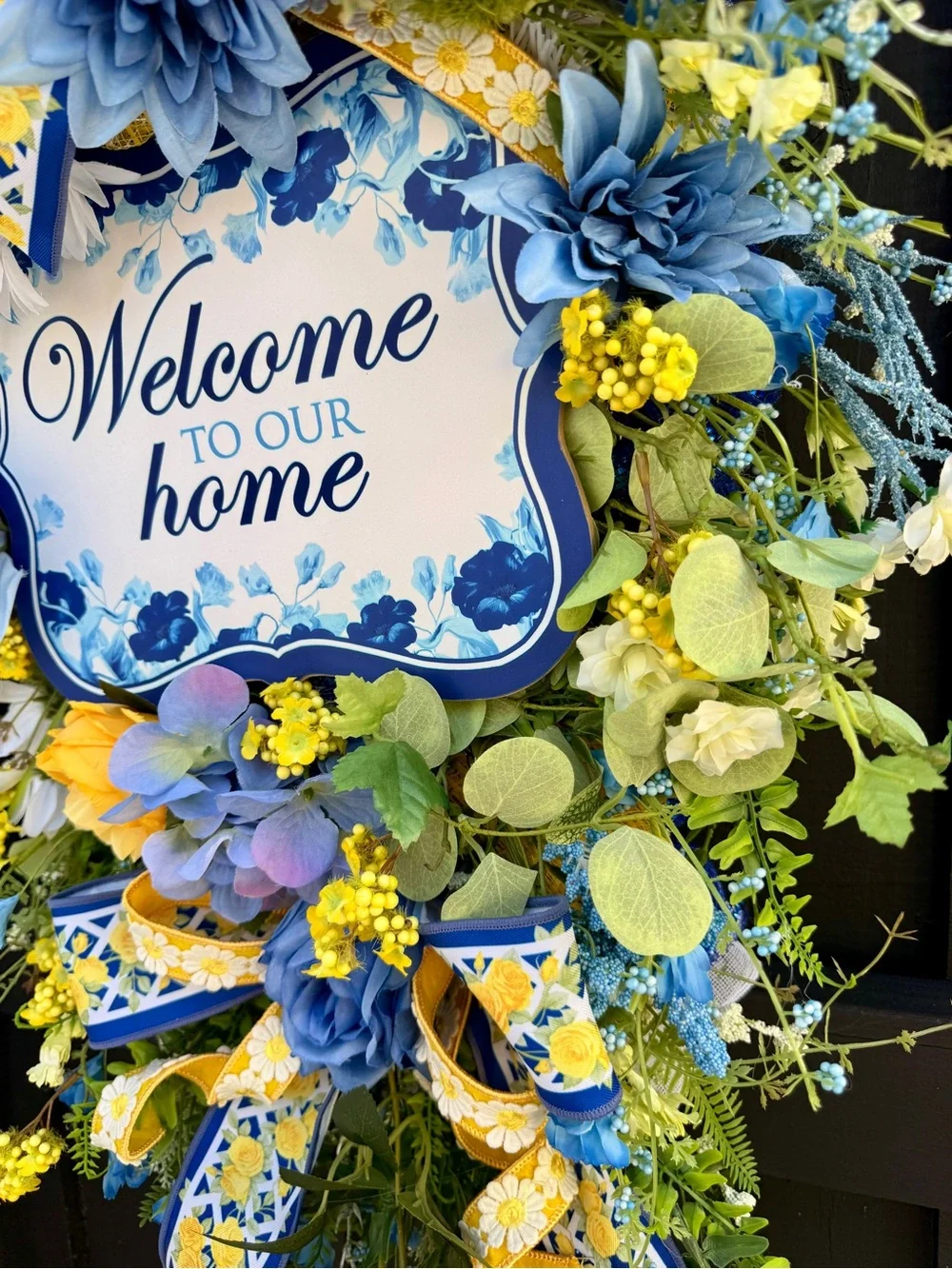 Hand Crafted Blue and Yellow Welcome Home Door Wreath